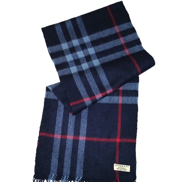 Vintage Burberry Navy Blue Red Light Blue Plaid Fall Winter Luxury Outdoor Scarf - Picture 2 of 4